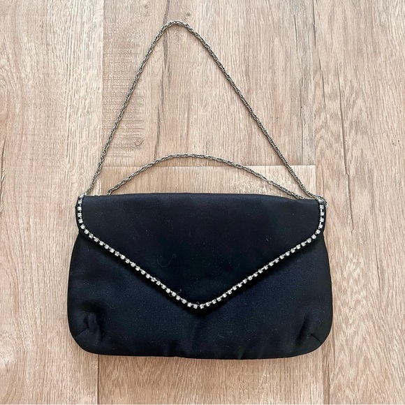 Vintage 1950s La Regale Dianmond Shape Rihnstones Black Satin Evening Bag Clutch - Picture 1 of 8